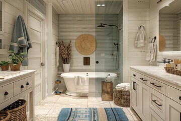 Coastal-themed bathroom design with nautical accents and ocean-inspired decor.