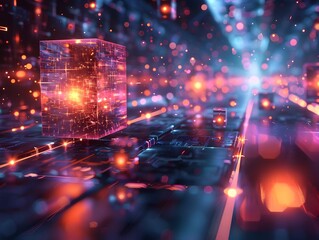 Quantum Teleportation Concept with Glowing Portals and Futuristic Digital Particles