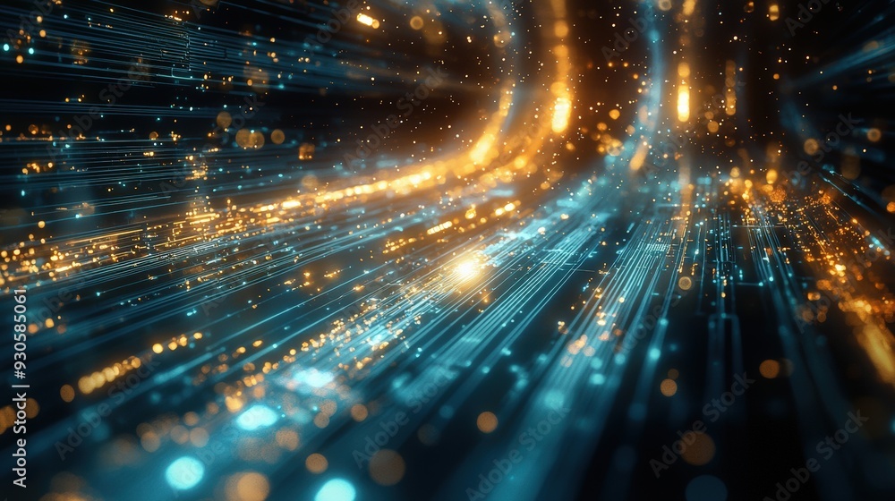 Poster vibrant particles flow smoothly as a complex quantum algorithm processes data in a futuristic digita