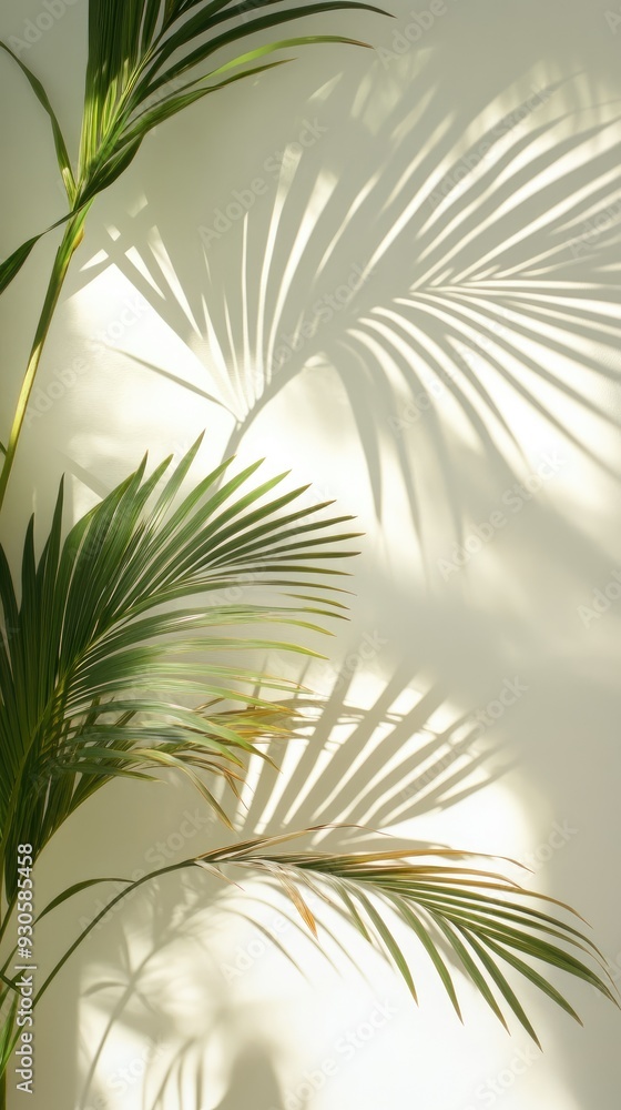 Poster a scenic view of palm leaves casting intricate shadows on a light wall, creating a serene and calmin