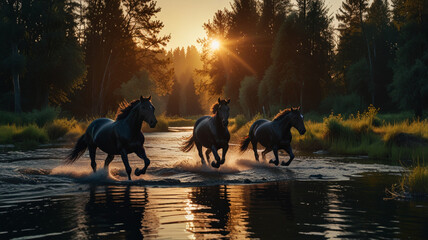horse running in the sunset (golden hour)	