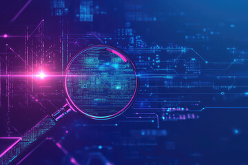 Fototapeta premium Exploring the Digital Realm: A Magnifying Glass Analyzes Vibrant Data in a High-Tech Cybernetic Landscape Filled with Colorful Lights