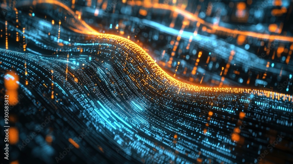 Poster a quantum algorithm processes intricate data streams, showcasing vibrant colors and captivating visu