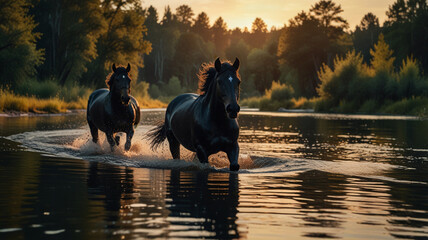 horse running in the sunset (golden hour)	