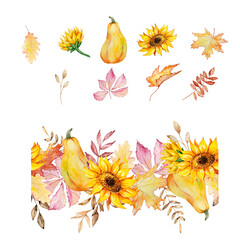 Watercolor autumn borders set with pumpkins and fall leaves