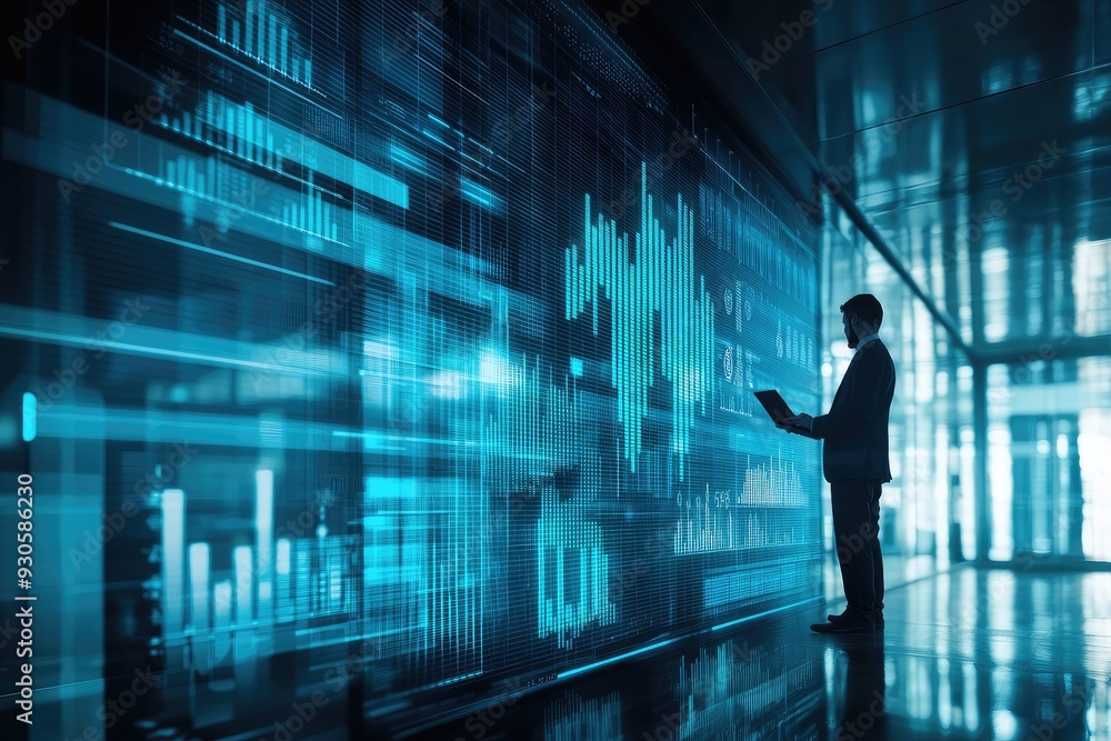 Aufkleber Silhouette of a business professional analyzing financial data on a futuristic digital interface with graphs and statistics.
