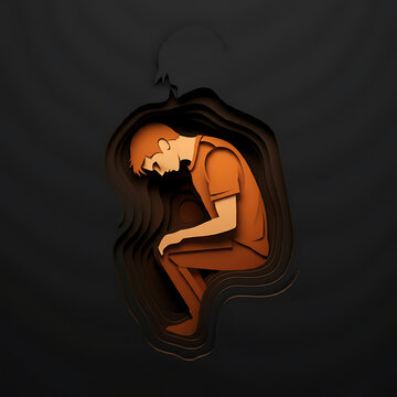 Man portrait silhouette with depressed person inside in realistic 3D paper cut style. Depression, Anxiety. PTSD. Stress. Sad. 