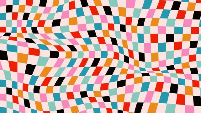 Groovy wavy checkered colorful pattern background 4K motion video. Retro style vector geometric loop animation background. Abstract surreal psychedelic y2k textured overlay animation design
