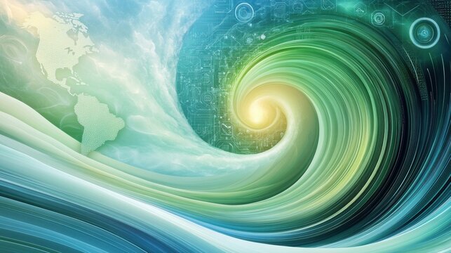 A green and blue swirl with a digital clock in the middle, AI