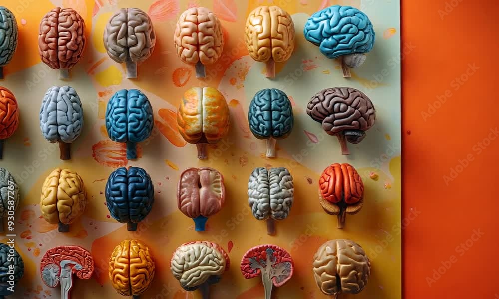 Poster a bunch of different colored brain models on a table