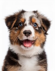 笑顔のオーストラリアン・シェパードの子犬のポートレート（Portrait of a smiling Australian Shepherd puppy on white background）

