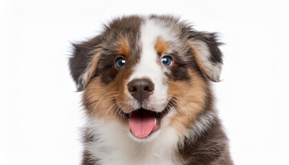 Fototapeta premium 笑顔のオーストラリアン・シェパードの子犬のポートレート（Portrait of a smiling Australian Shepherd puppy on white background） 