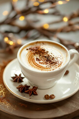 A cup of hot cappuccino or cocoa. Ceramic cup and saucer. Coffee beans, cinnamon and star anise. Morning coffee, cozy atmosphere, christmas lights.