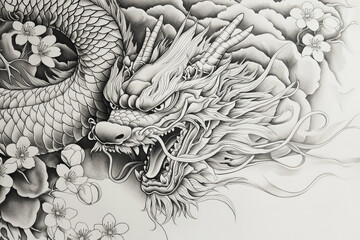 Naklejka premium A captivating Japanese dragon tattoo design intricately illustrating fierce beauty, surrounded by delicate cherry blossoms on a dynamic background.