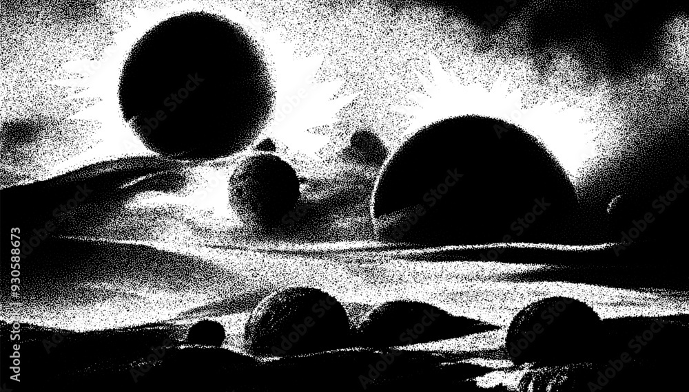 Poster alien planet landscape in retro dotwork style. planets and satellites over unknown planet in space. 