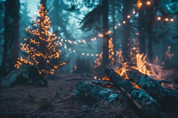 Yule Log Ceremony in a Forest Clearing During Winter Solstice.
