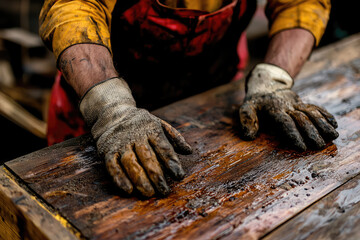 Crafting Wood: A Worker’s Hands Engaged in the Art of Rustic Creation Amidst Oily Surfaces and Gritty Surroundings