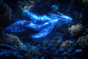 Obraz premium An ethereal bioluminescent dragon glides through the deep ocean, illuminating the vibrant coral with a magical glow, evoking wonder and awe.