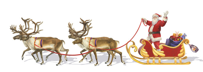 Watercolor Santa Claus with reindeer in sleigh with bag of gifts