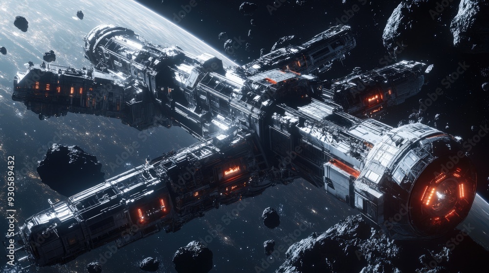 Aufkleber a massive space station orbits an asteroid belt, illuminated by distant starlight while surrounded b