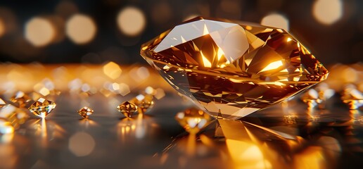 A large, sparkling diamond sits on a dark surface, reflecting the light from a blurred background of other diamonds and bokeh. A symbol of luxury, wealth, and beauty.