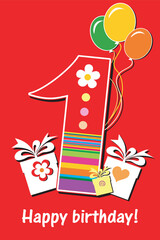 Happy First Birthday. Celebration red background with number one, balloon, gift boxes and place for your text. vector illustration