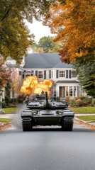 Obraz premium A tank maneuvers through a ruined city, its gun raised as explosions erupt nearby, showcasing the chaos of urban warfare