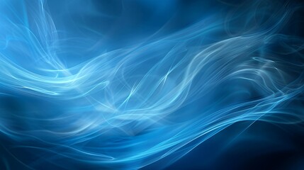 Fototapeta premium Abstract blue smoke waves and glowing light trails flowing across a dark background.