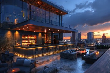 Contemporary urban rooftop bar with skyline views and modern furnishings,.