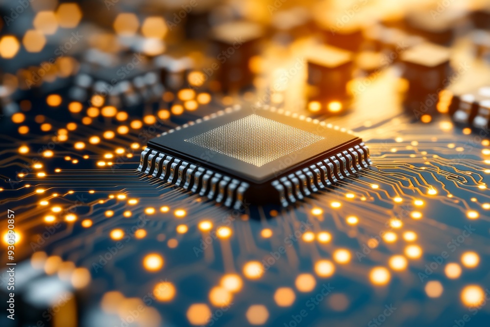 Aufkleber close up of a glowing futuristic cpu on a circuit board embodying advanced technology innovation and
