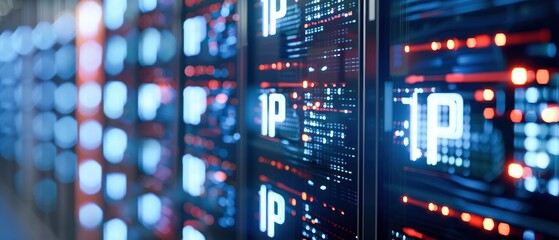 Close-up of modern server technology showcasing digital data processing with illuminated IP addresses and sleek design elements.