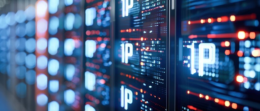 Close-up of modern server technology showcasing digital data processing with illuminated IP addresses and sleek design elements.