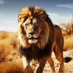 illustration of un lion dans la savane realistic impressive, Generative ai