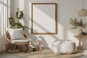 Domestic and cozy interior of living room with mock up poster frame, design pouf, lamp, decoration, wooden side table and beige accessories. Creative home decor. Template 