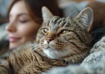 A cute domestic cat resting on a man while he and a woman relax together on a sofa indoors. A happy couple enjoying leisure time at home with their pet.