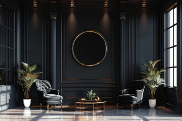 Classic black modern interior empty room with lounge armchairs, table and mirrors.