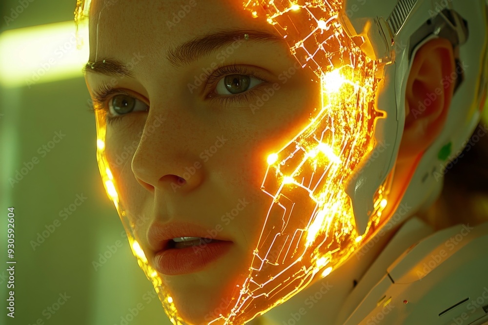 Poster human face merged with a digital brain interface symbolizing the integration of technology and biolo