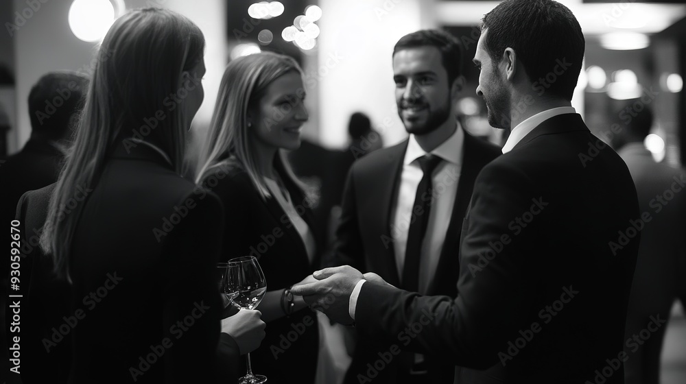 Poster a group of executives networking at a corporate event, shaking hands and exchanging contact informat