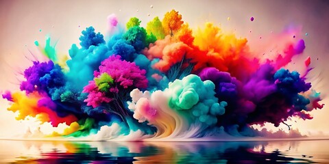 Rainbow Tree: A surreal and vibrant landscape with a tree bursting with color, its branches reaching towards the sky in a symphony of hues, reflected in a still water.  