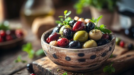 A close up of a bowl filled with a variety of green and black olives, drizzled with olive oil and sprinkled with herbs, on a rustic wooden table