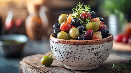 A close up of a bowl filled with a variety of green and black olives, drizzled with olive oil and sprinkled with herbs, on a rustic wooden table