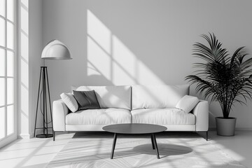 Beautiful Living Room in Monochrome Palette featuring a sleek white sofa, black coffee table, floor lamp, and abstract wall decor. Template.