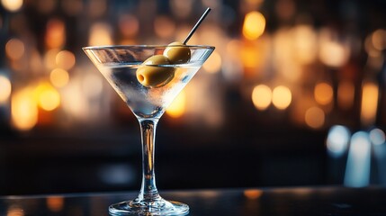 A close up of a martini glass with a green olive garnish, set against a moody, dimly lit bar background