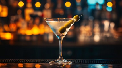 A close up of a martini glass with a green olive garnish, set against a moody, dimly lit bar background