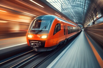 Naklejka premium A high-speed train in motion, showcasing modern transportation and infrastructure.