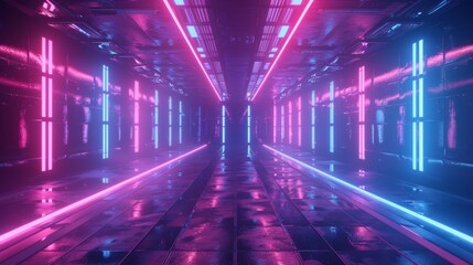 Fototapeta premium Sci Fi Futuristic Smoke Fog Neon Laser Garage Room,blue pink violet neon abstract background,ultraviolet light,night club Cyber Undergound Warehouse Concrete Reflective Studio,3D Render illustration 
