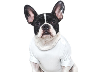 Cute puppy and white T-shirt. Close-up, indoors. Concept of beauty and fashion. Studio shot, isolated background. Pets care