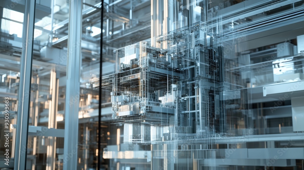 Poster an artificial intelligence system constructs complex designs in a high-tech lab filled with transpar