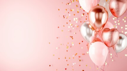 Colorful balloons with confetti on a soft pink background, perfect for celebrations, parties, and festive occasions.