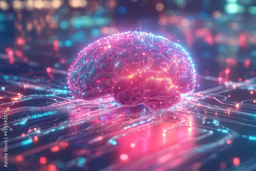 Poster digital brain in a vibrant glowing network representing artificial intelligence data processing and 